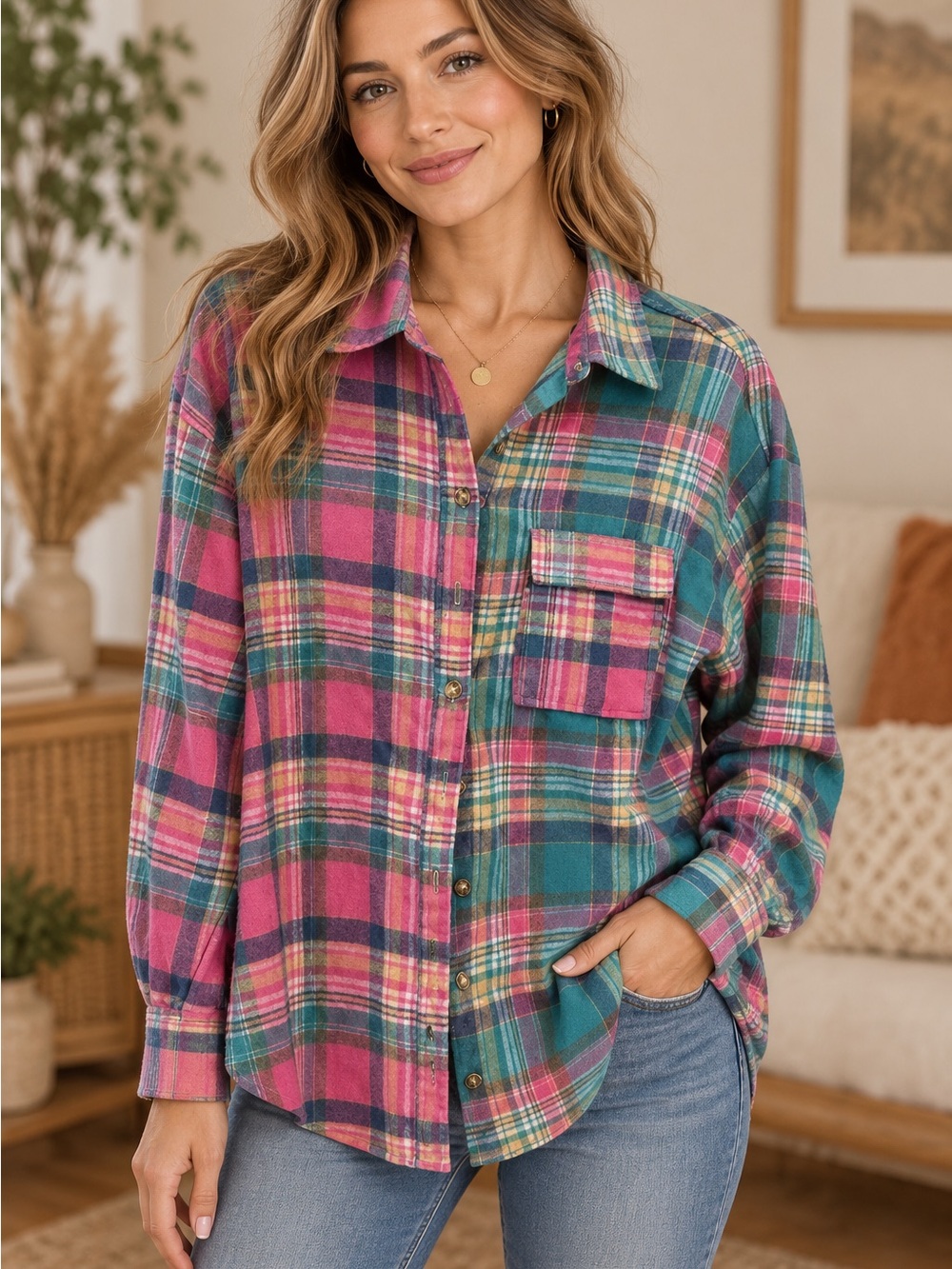 Umgee Pink and Teal Plaid Button-Up Shirt (090678) 🌼 🍂